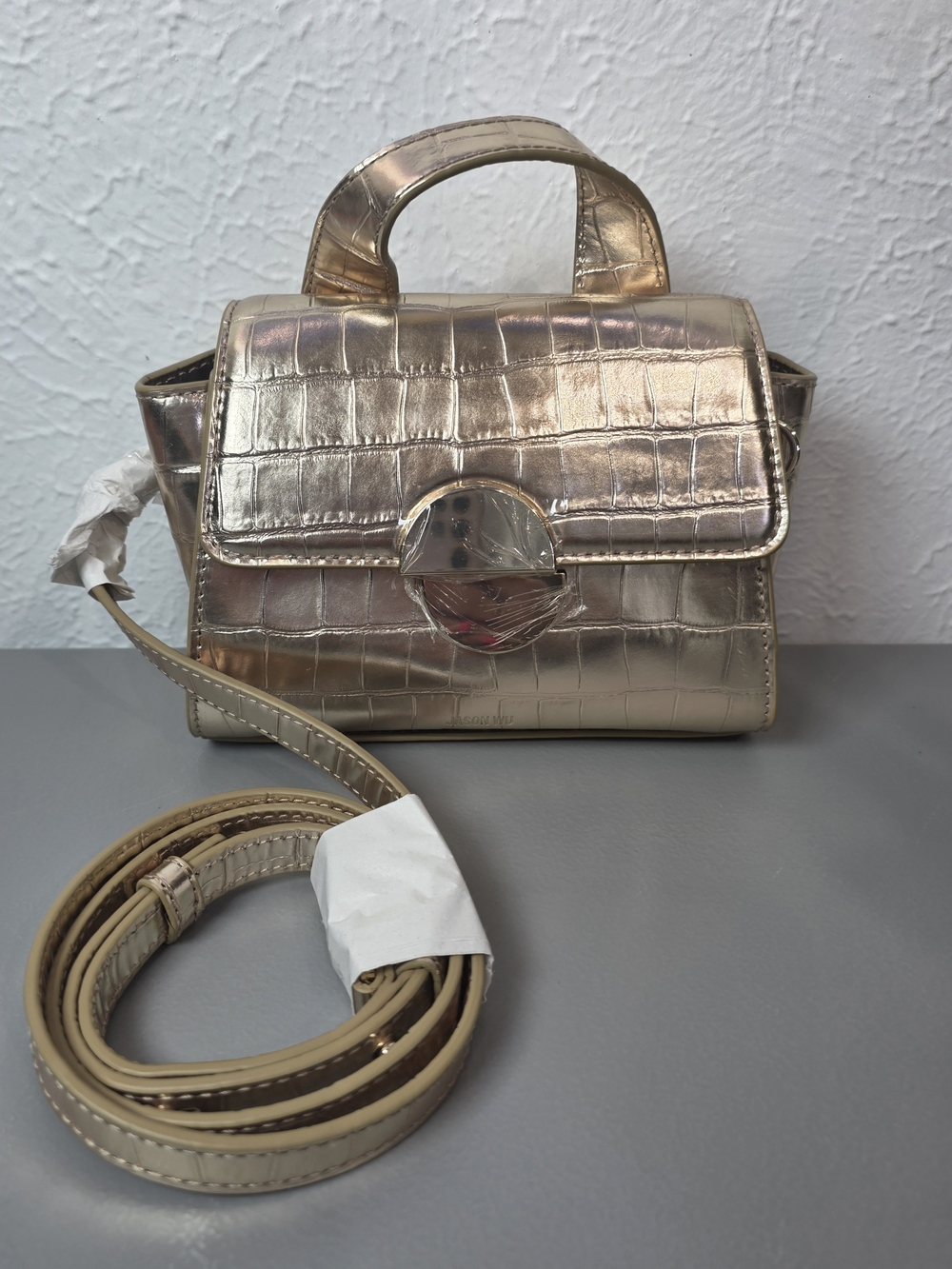 Jason Wu Metallic Gold Croc-Embossed Mini Satchel Crossbody Bag